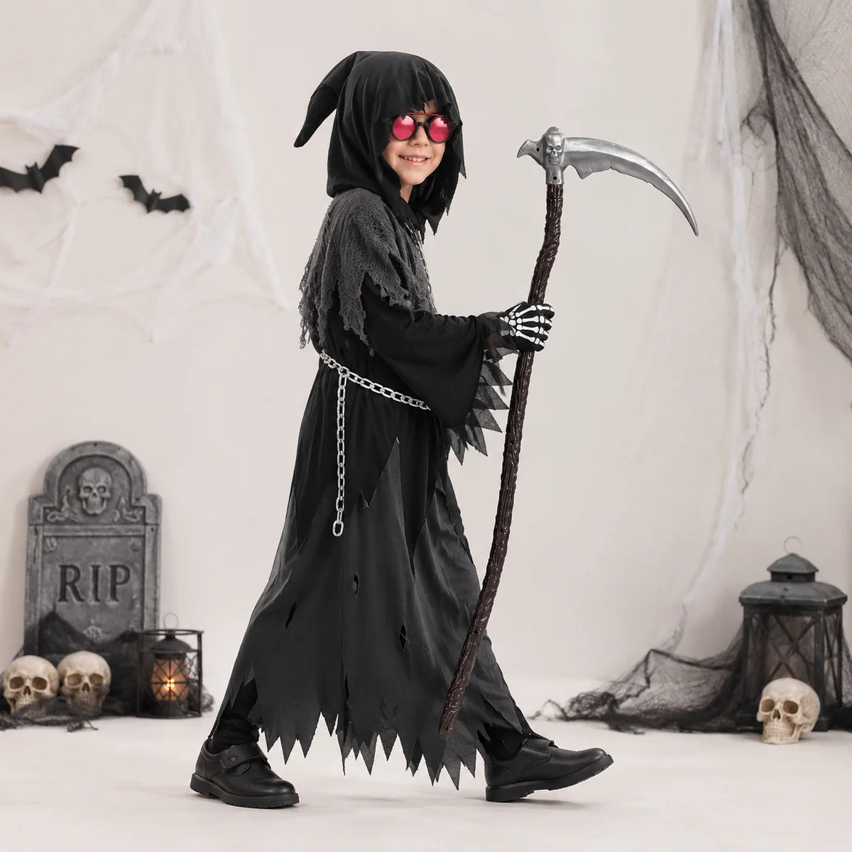 Kids Grim Reaper Costume Glowing Red Eyes Complete Set