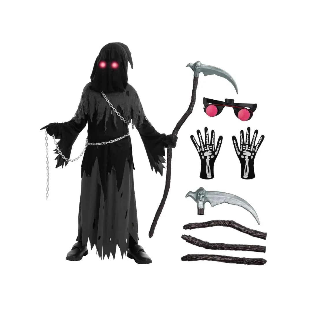 Kids Grim Reaper Costume Glowing Red Eyes Complete Set