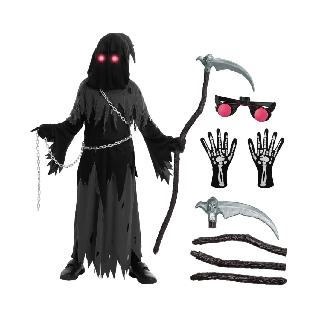 Kids Grim Reaper Costume Glowing Red Eyes Complete Set