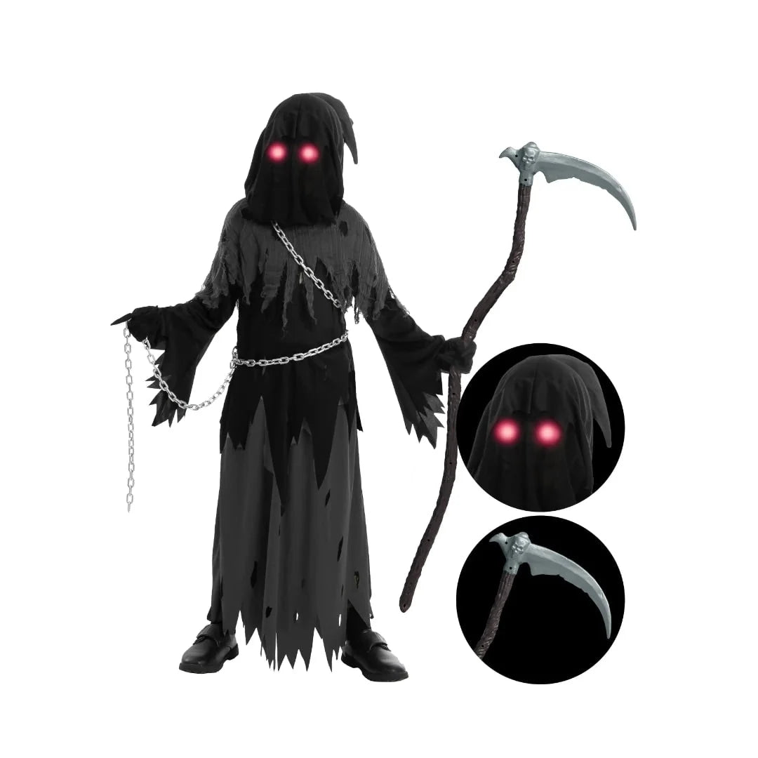 Kids Grim Reaper Costume Glowing Red Eyes Complete Set