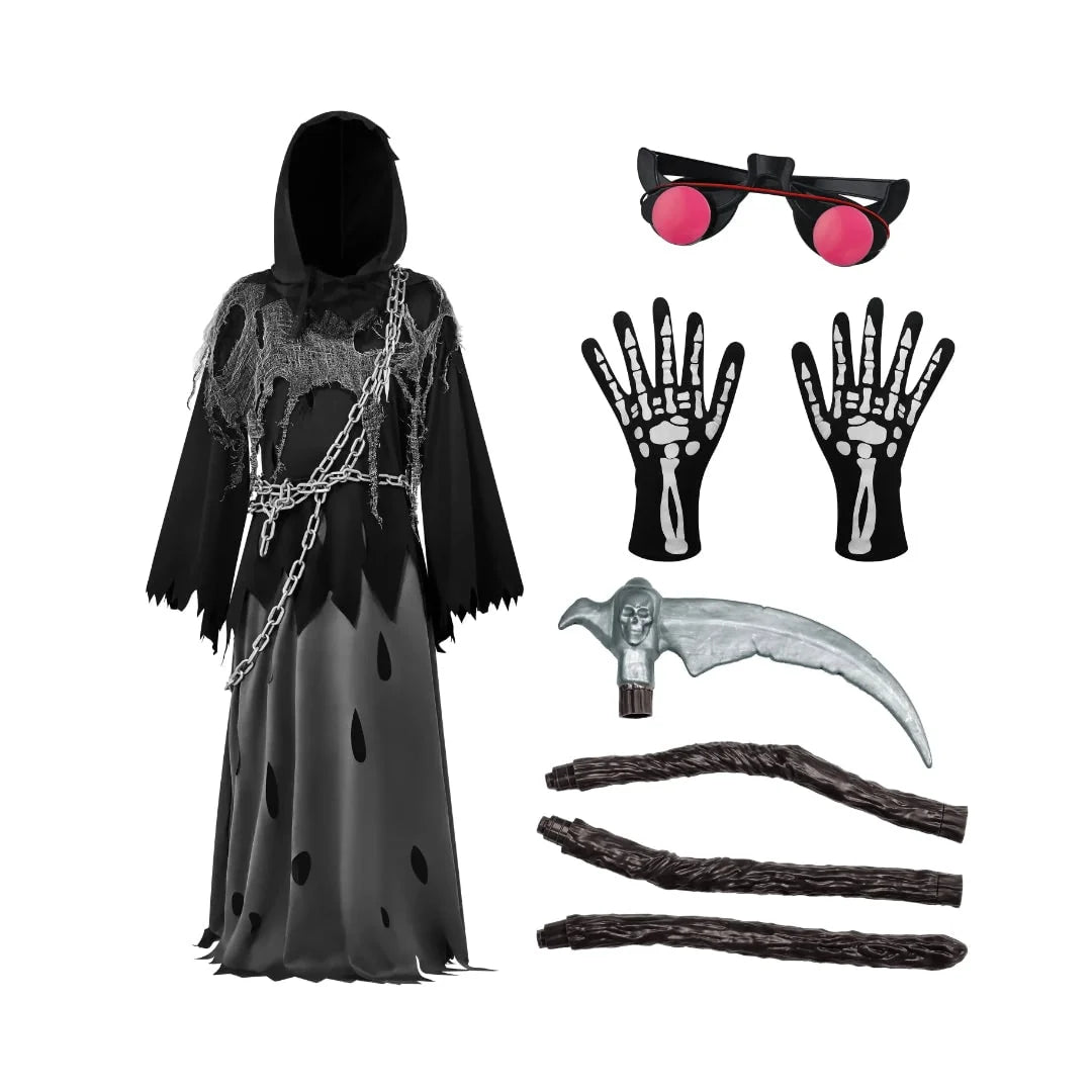 Kids Grim Reaper Costume Glowing Red Eyes Complete Set