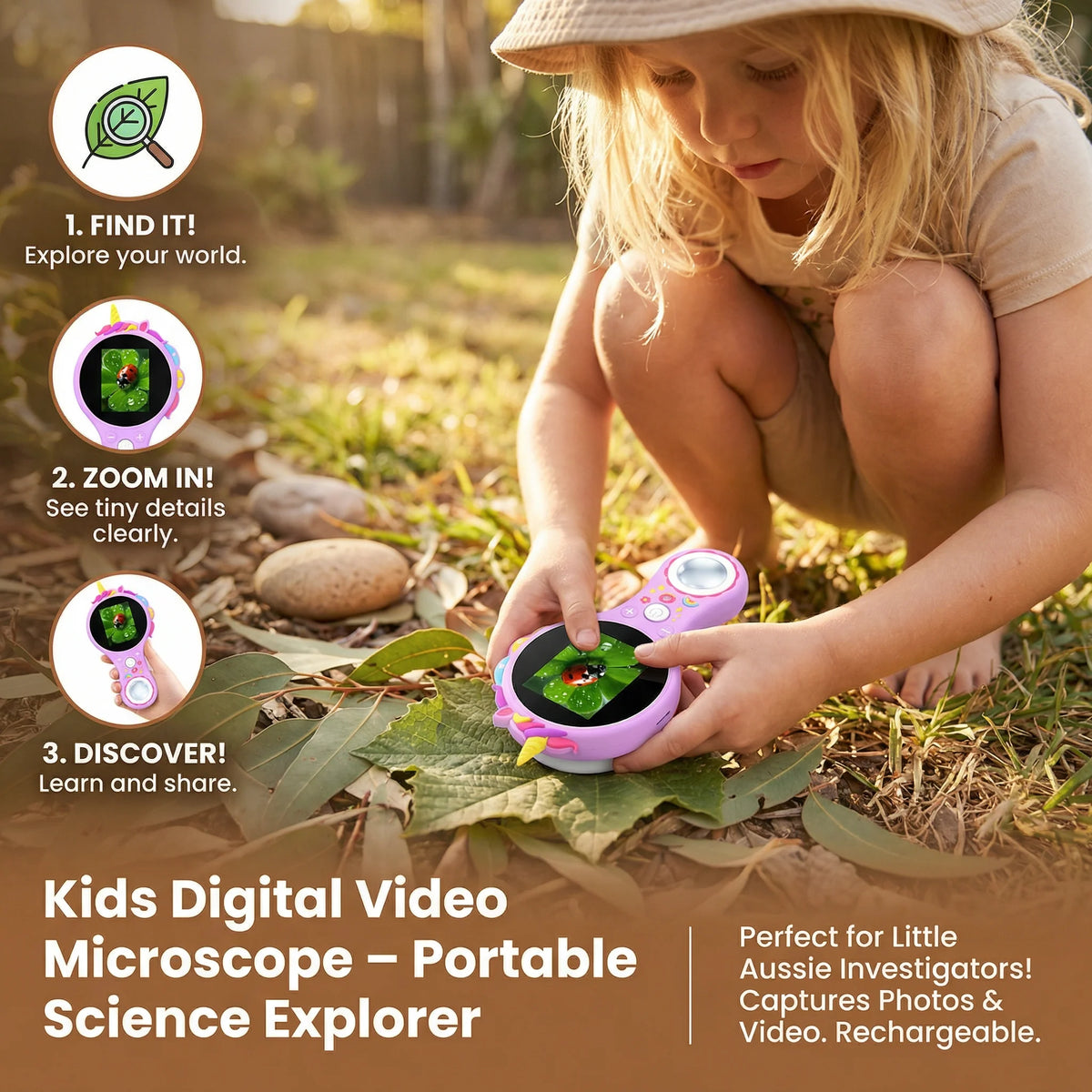 Kids Handheld Microscope 500X Magnification IPS Screen Rechargeable