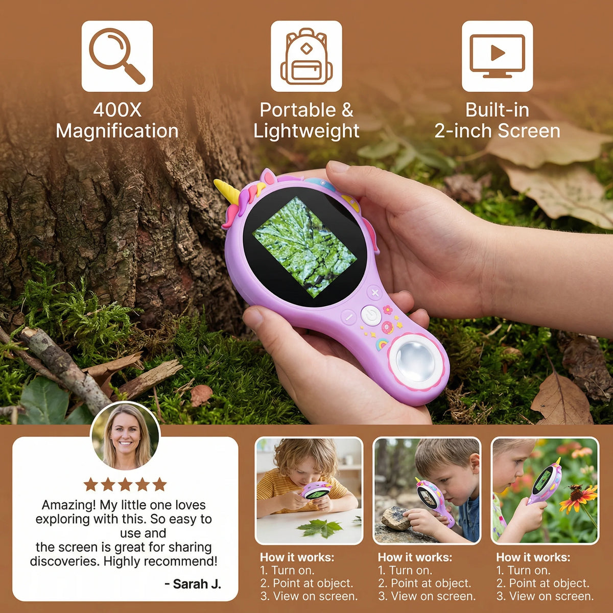 Kids Handheld Microscope 500X Magnification IPS Screen Rechargeable