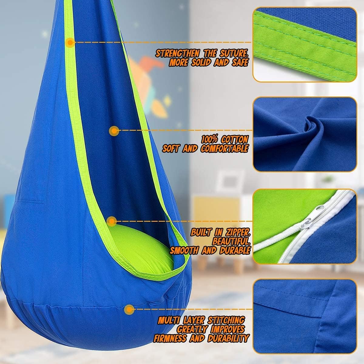 Kids Hanging Chair Parachute Fabric & Inflatable Cushion