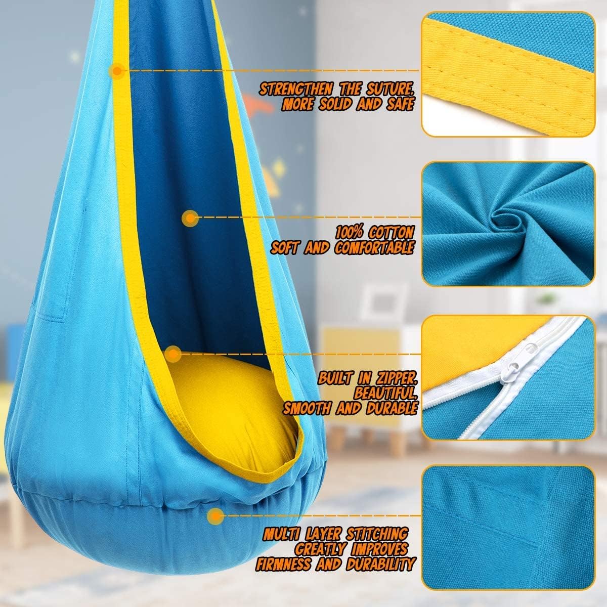 Kids Hanging Chair Parachute Fabric & Inflatable Cushion