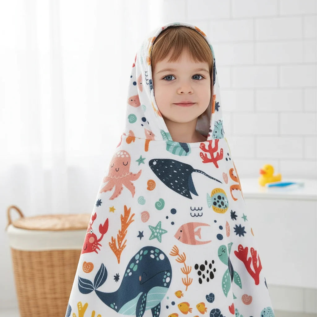 Kids Hooded Towel Quick-Drying Microfiber Snap Button