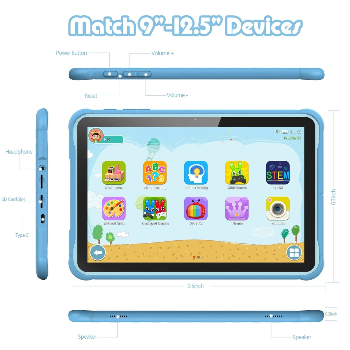 Kids Learning Tablet HD Display Expandable Storage Protective Case