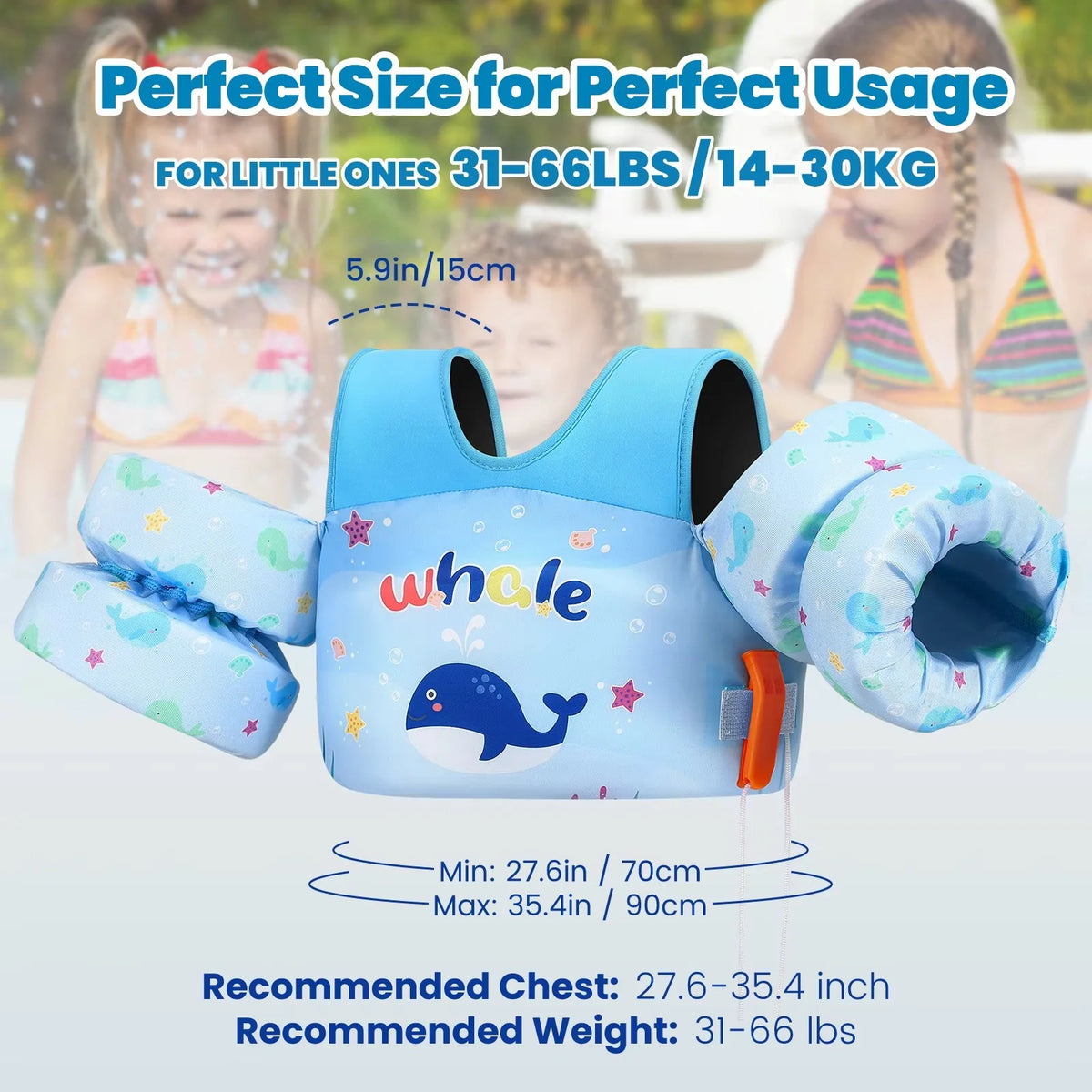 Kids Life Vest Built-In Arm Floats & Safety Whistle