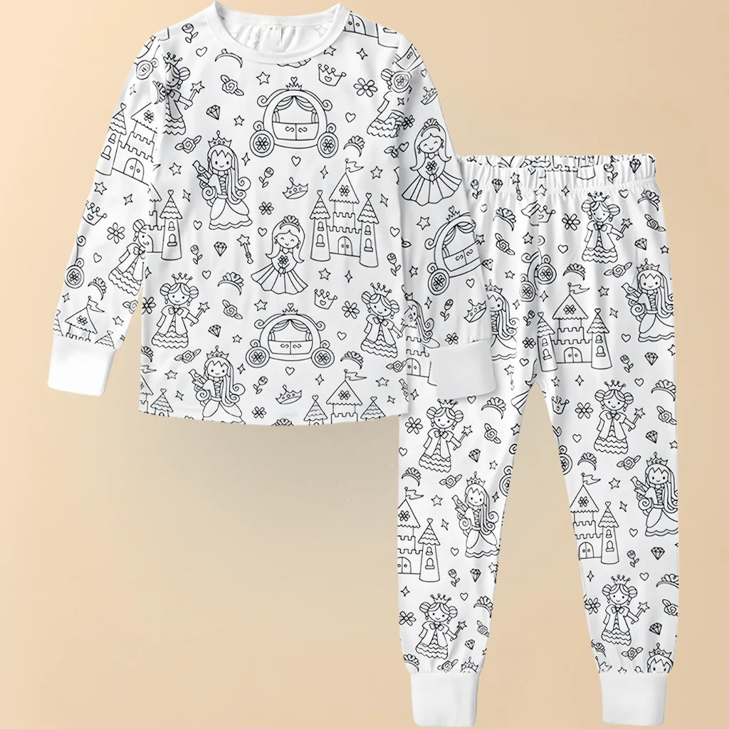 Kids Pajama Set Color-In Christmas Designs Soft Cotton Blend