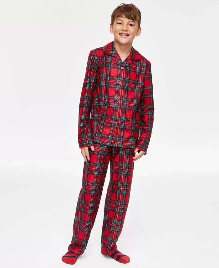 Kids Pajama Set Plaid Button-Front Pull-On Pants