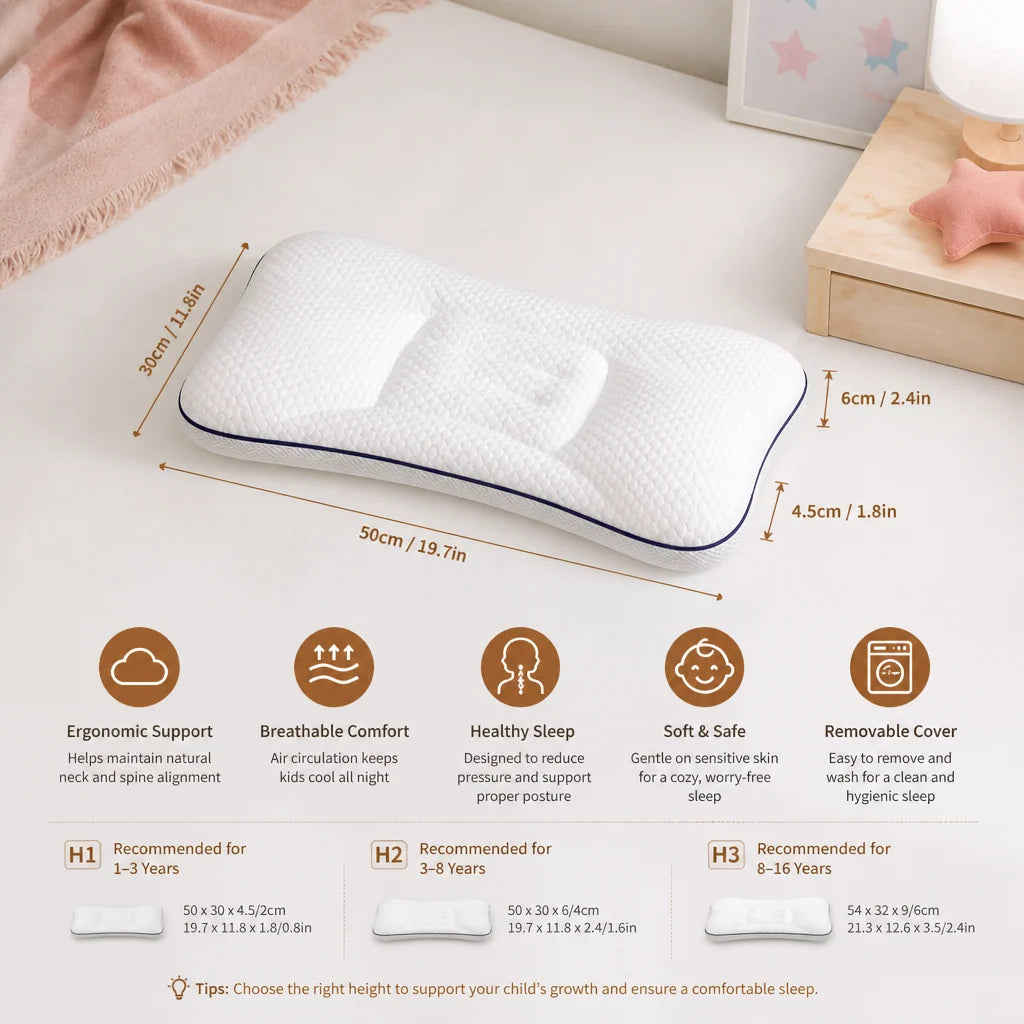 Kids Pillow Memory Foam Contoured Neck Support Breathable Surface
