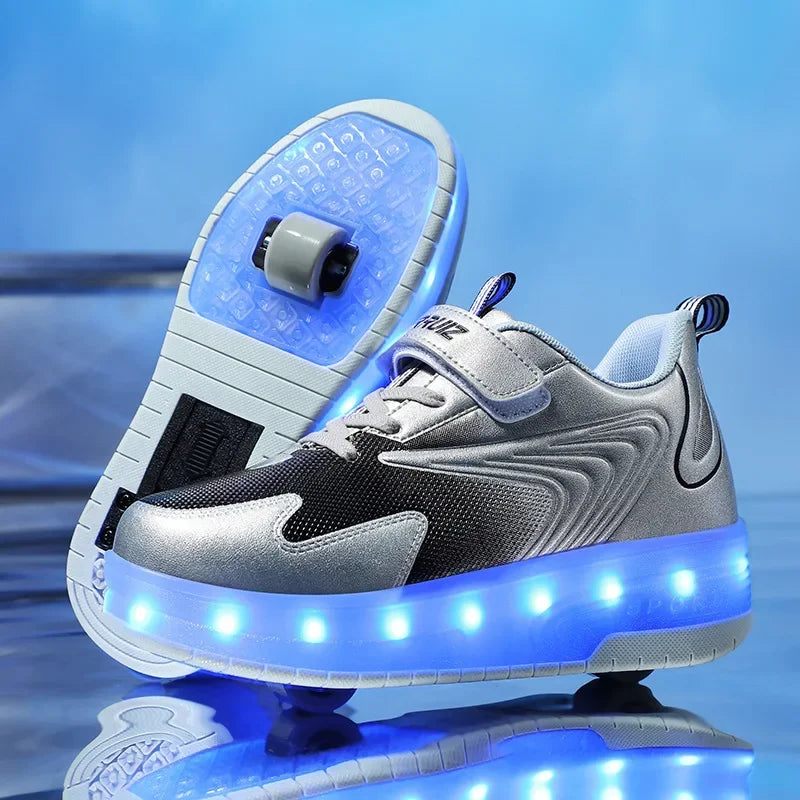 Kids Roller Shoes LED Lights & Fold-Out Wheels Non-Slip Sole