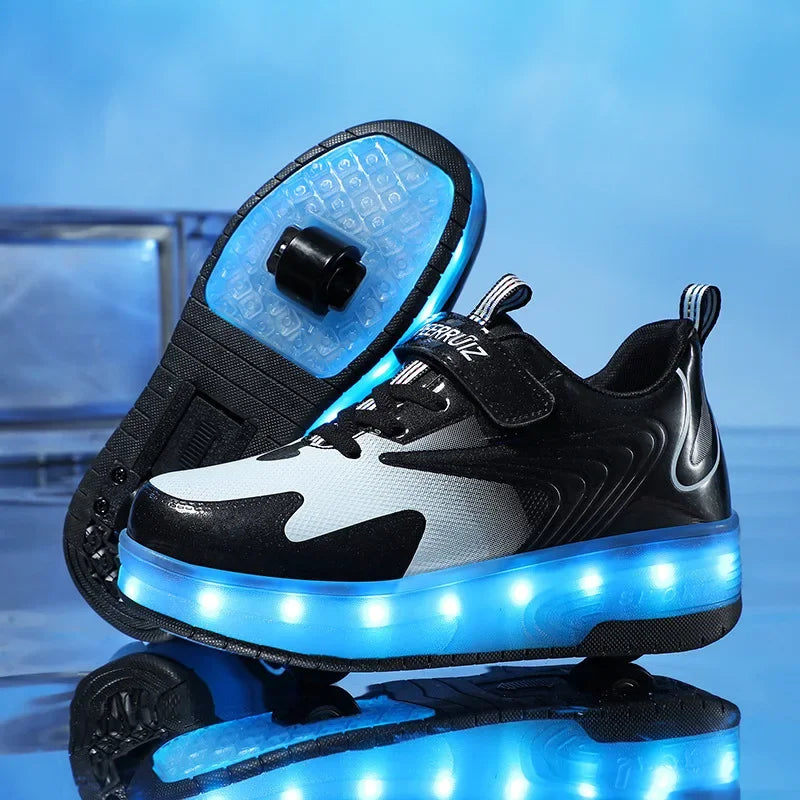 Kids Roller Shoes LED Lights & Fold-Out Wheels Non-Slip Sole