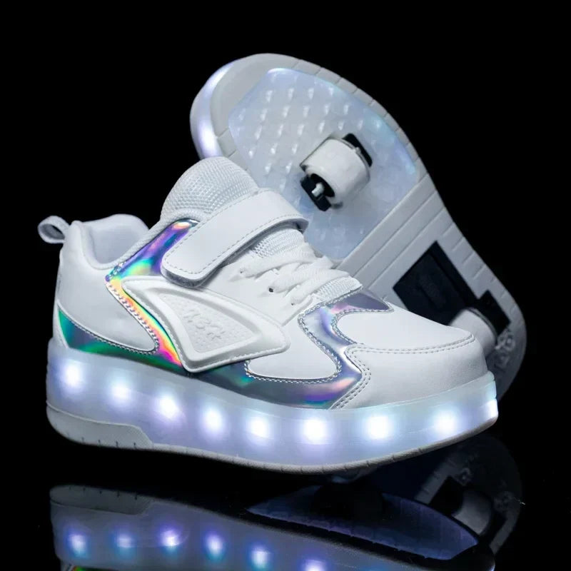 Kids Roller Shoes LED Lights & Fold-Out Wheels Non-Slip Sole