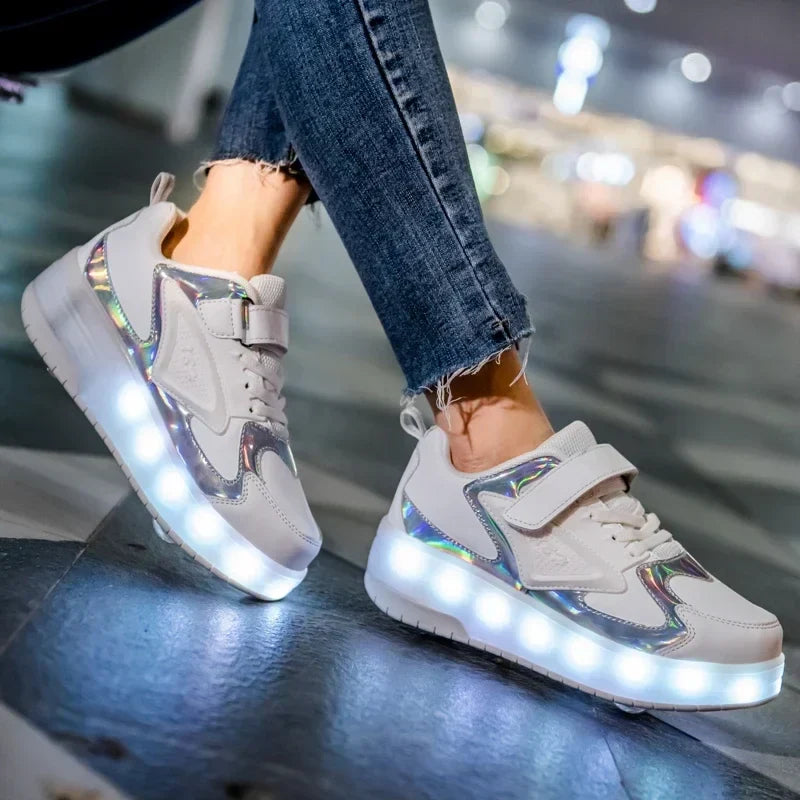 Kids Roller Shoes LED Lights & Fold-Out Wheels Non-Slip Sole