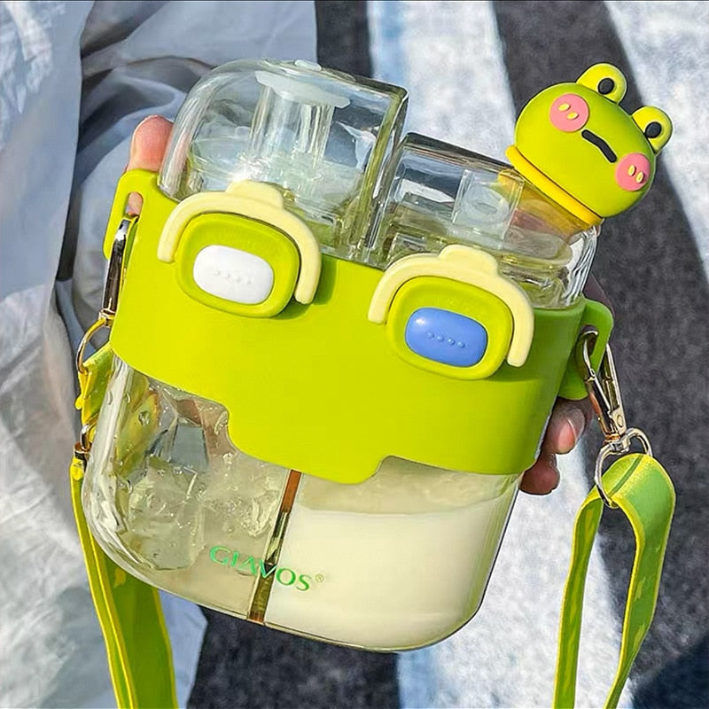 Kids Water Bottle Double Bin Straw Spout 500ml