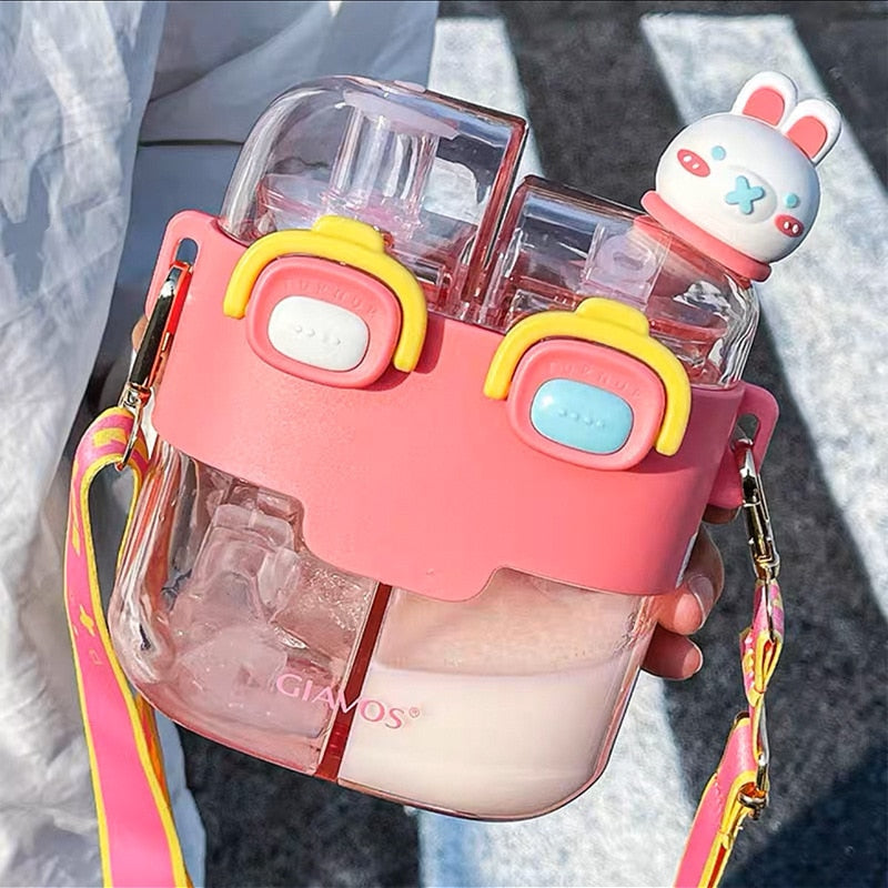 Kids Water Bottle Double Bin Straw Spout 500ml