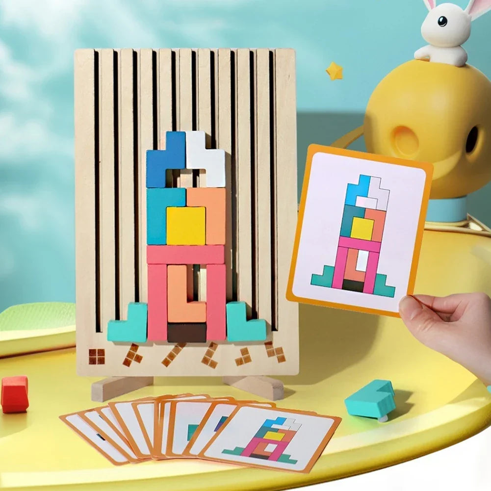 Kids Wooden Puzzle Natural Wood & Challenge Cards