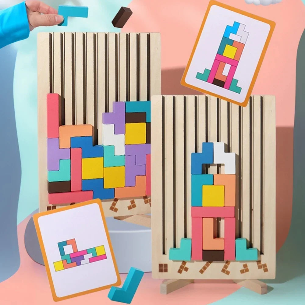 Kids Wooden Puzzle Natural Wood & Challenge Cards