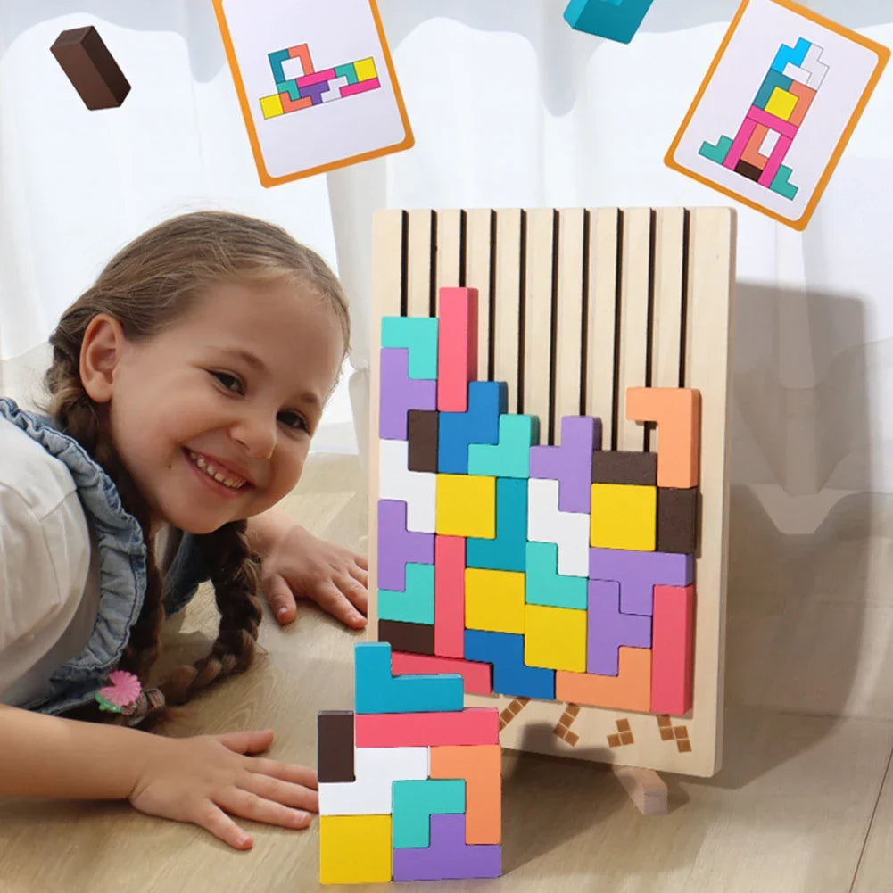 Kids Wooden Puzzle Natural Wood & Challenge Cards