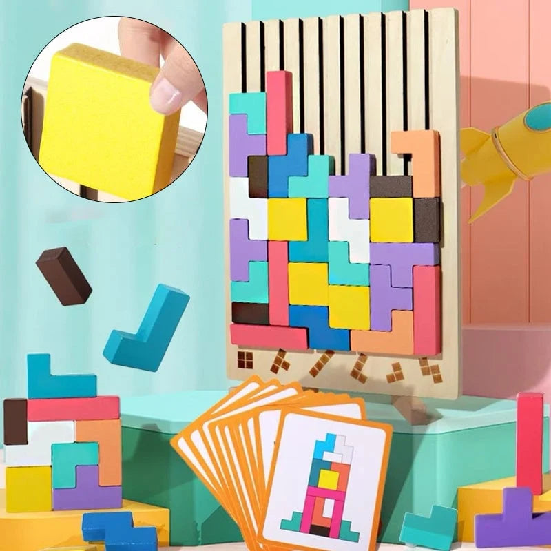 Kids Wooden Puzzle Natural Wood & Challenge Cards