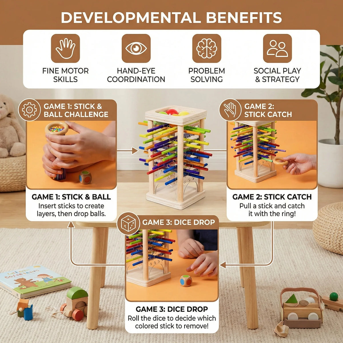 Kids Wooden Stick Game Solid Wood Nontoxic Paint