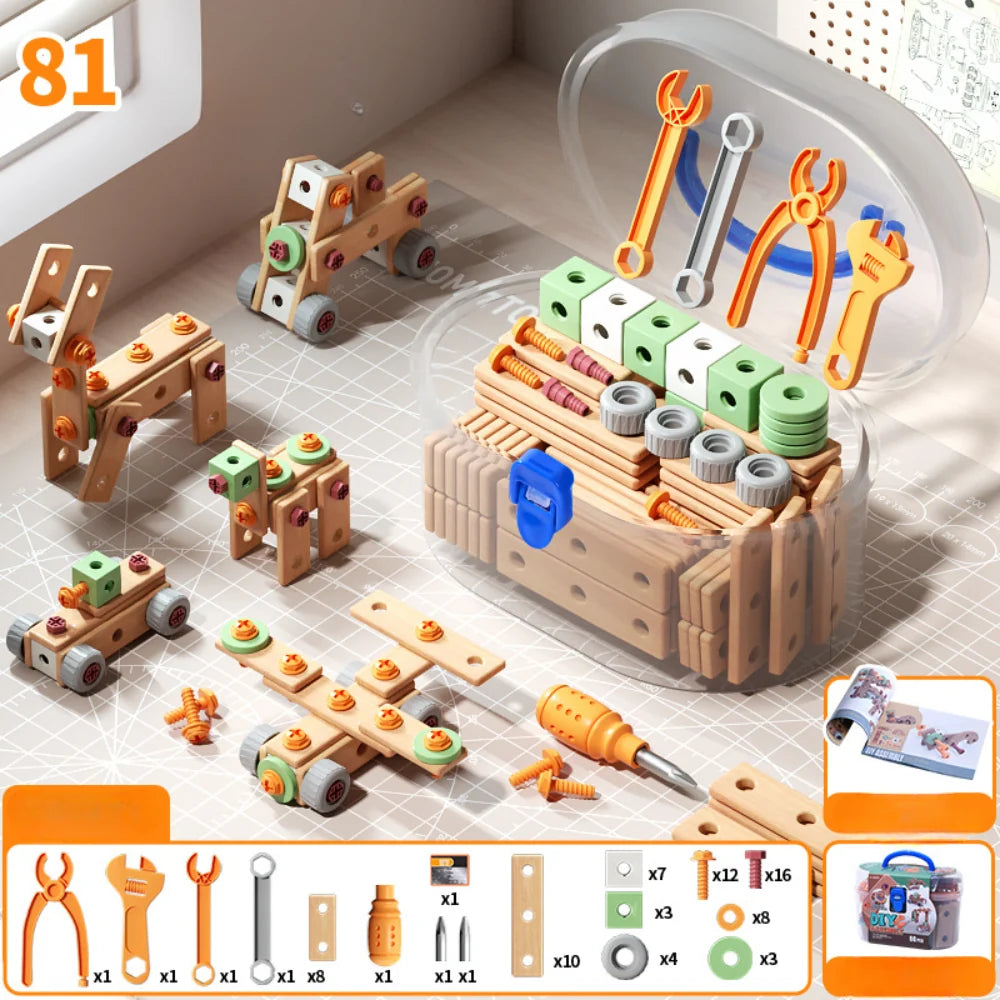 Kids Wooden Tool Set Natural Wood & Battery-Powered Screwdriver