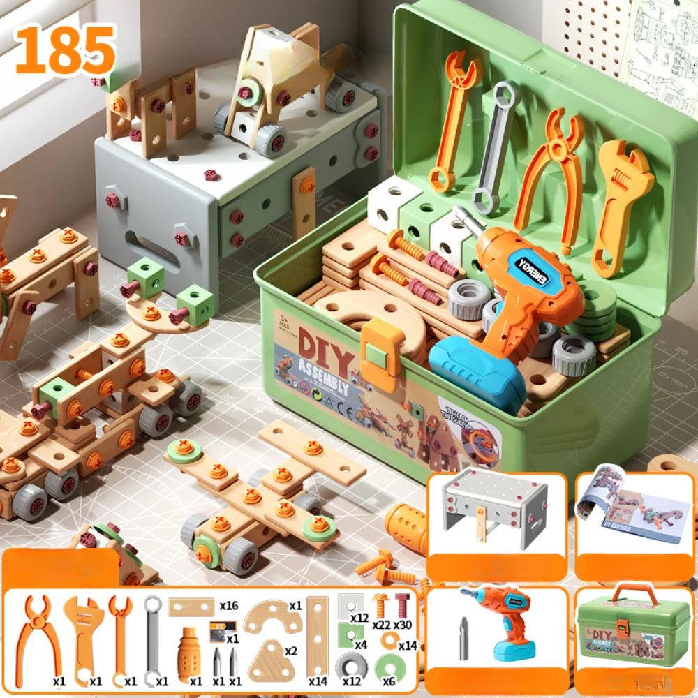 Kids Wooden Tool Set Natural Wood & Battery-Powered Screwdriver