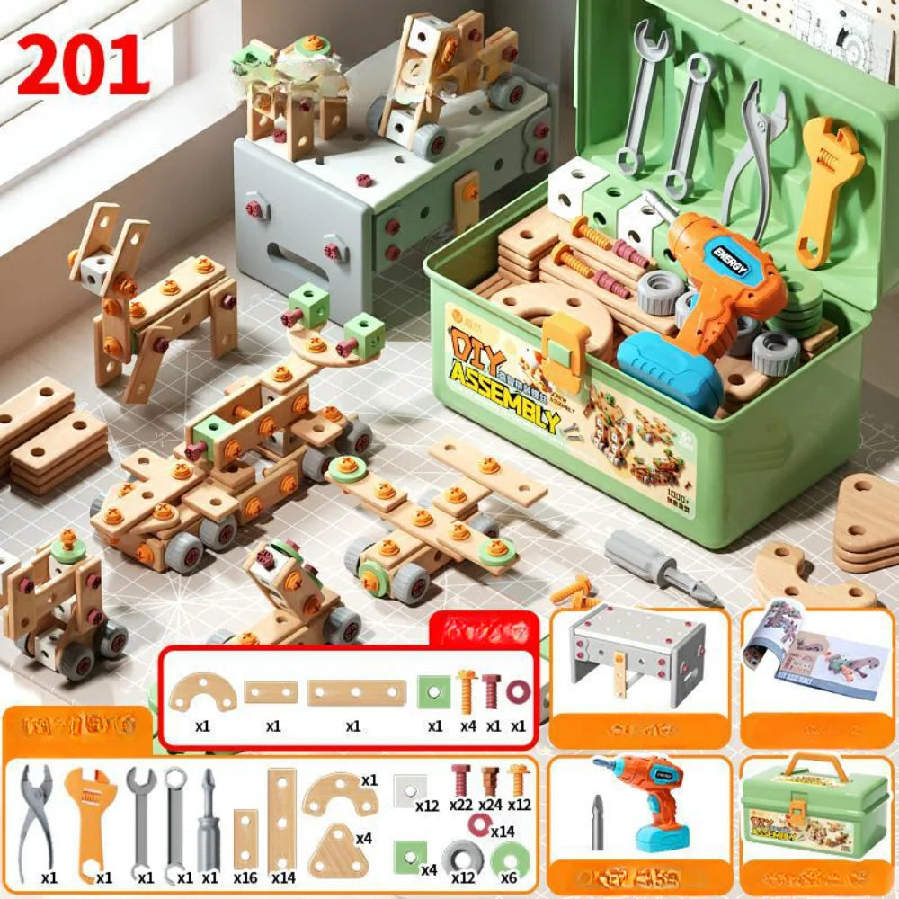 Kids Wooden Tool Set Natural Wood & Battery-Powered Screwdriver