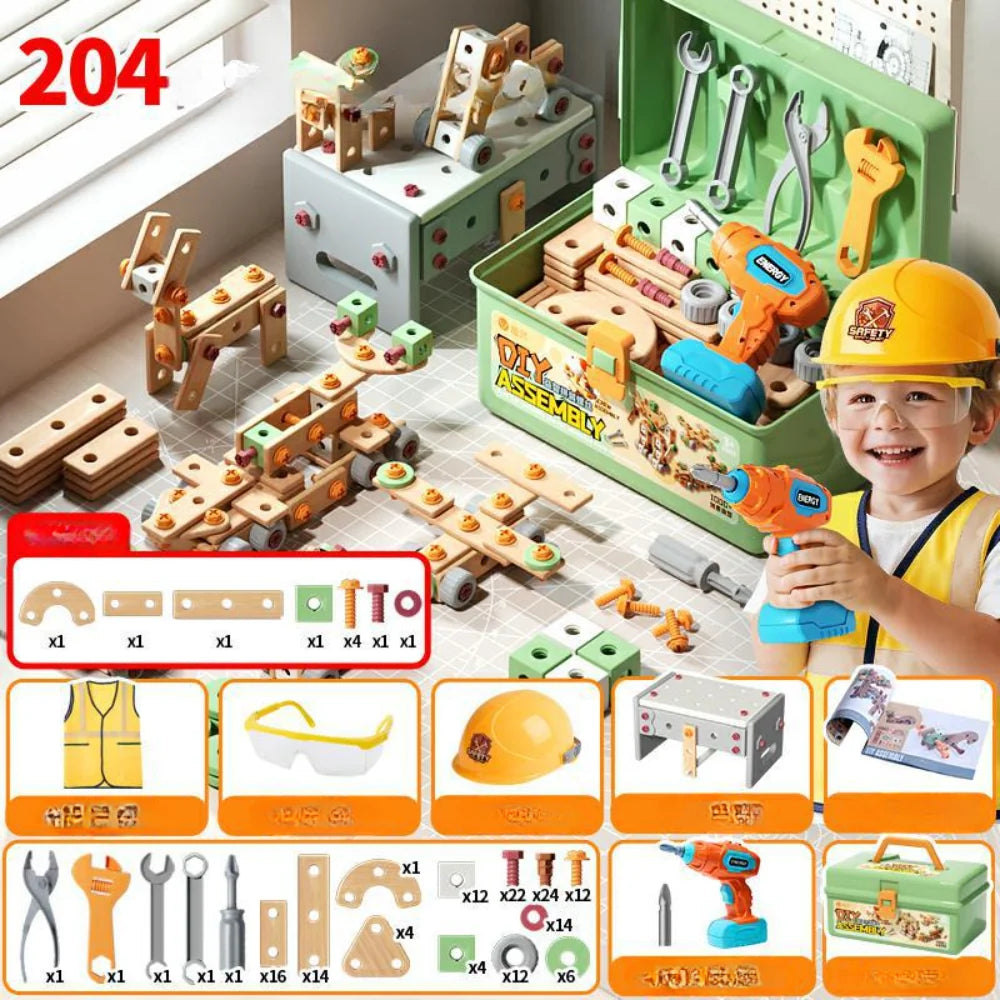 Kids Wooden Tool Set Natural Wood & Battery-Powered Screwdriver