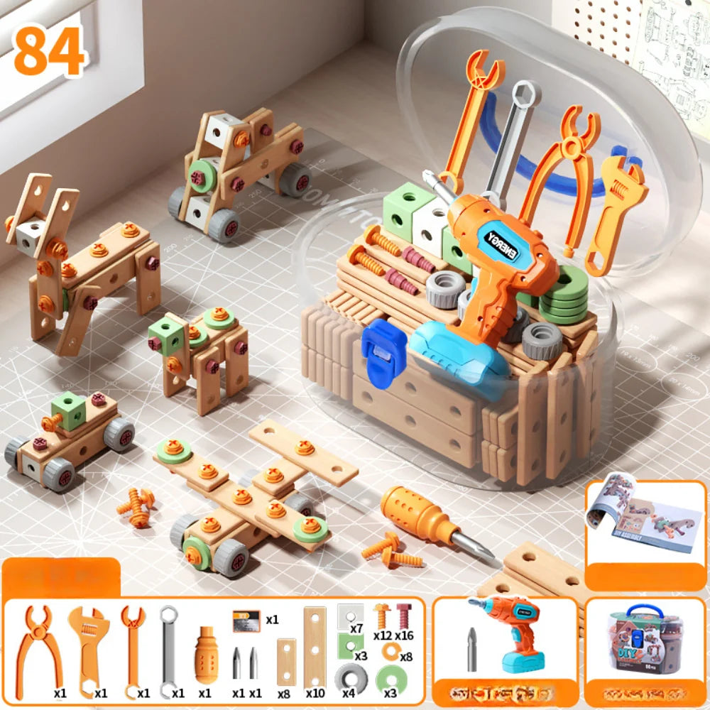 Kids Wooden Tool Set Natural Wood & Battery-Powered Screwdriver