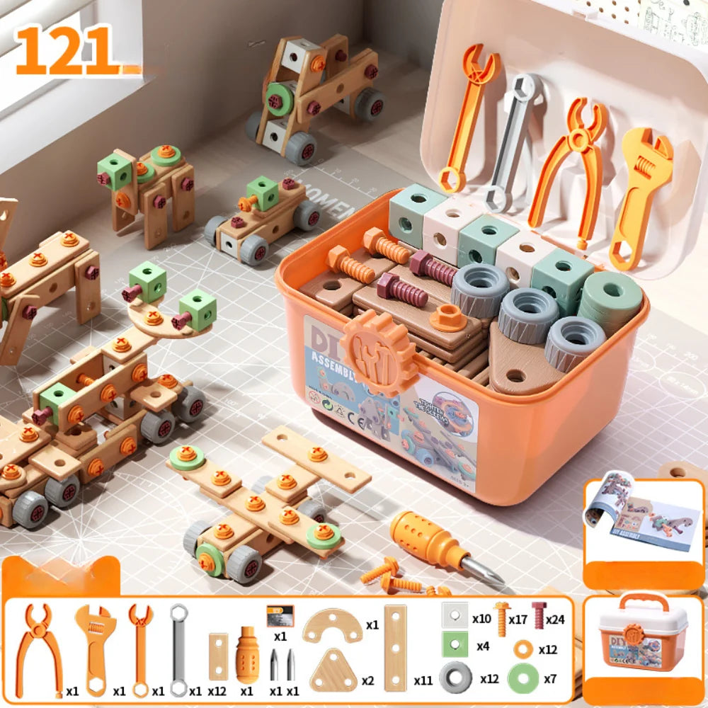 Kids Wooden Tool Set Natural Wood & Battery-Powered Screwdriver