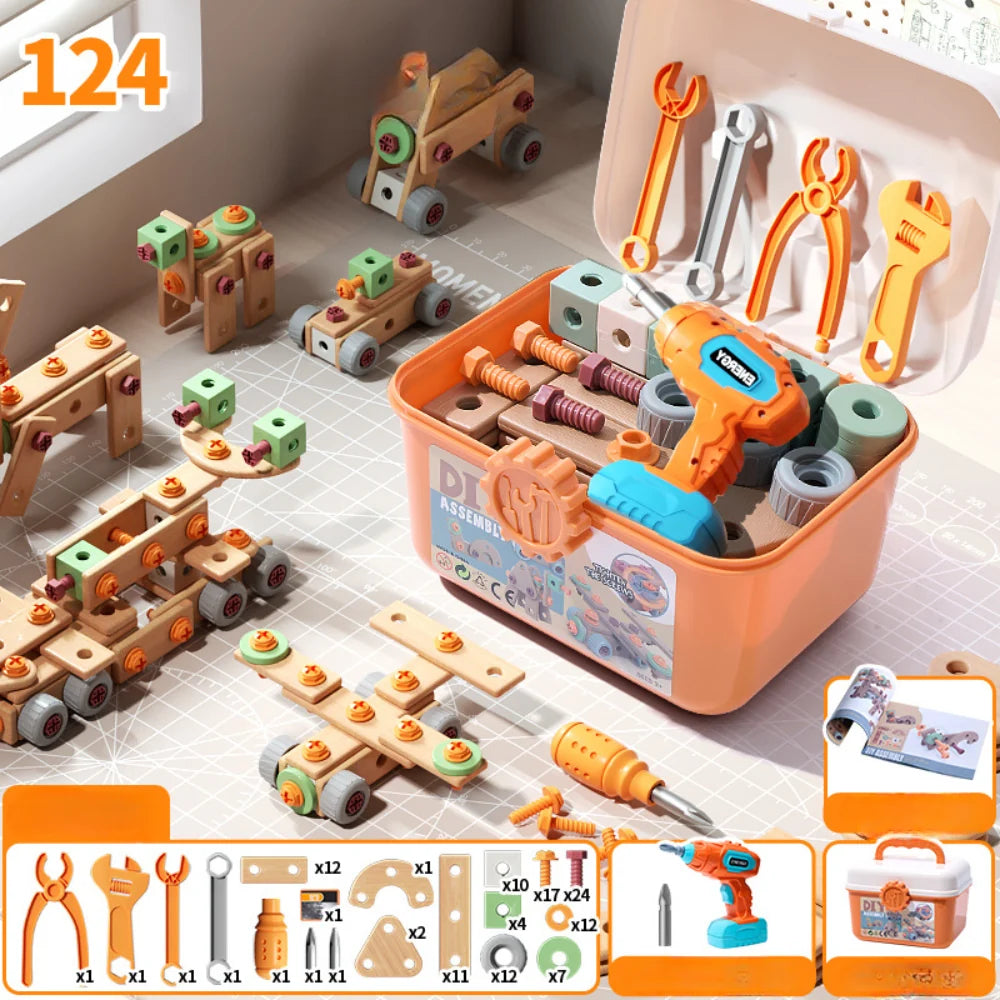 Kids Wooden Tool Set Natural Wood & Battery-Powered Screwdriver