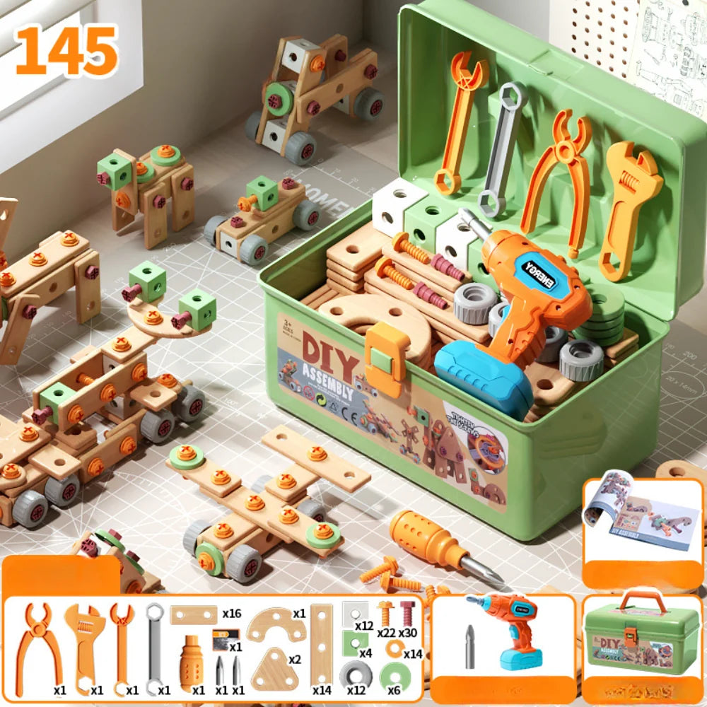 Kids Wooden Tool Set Natural Wood & Battery-Powered Screwdriver