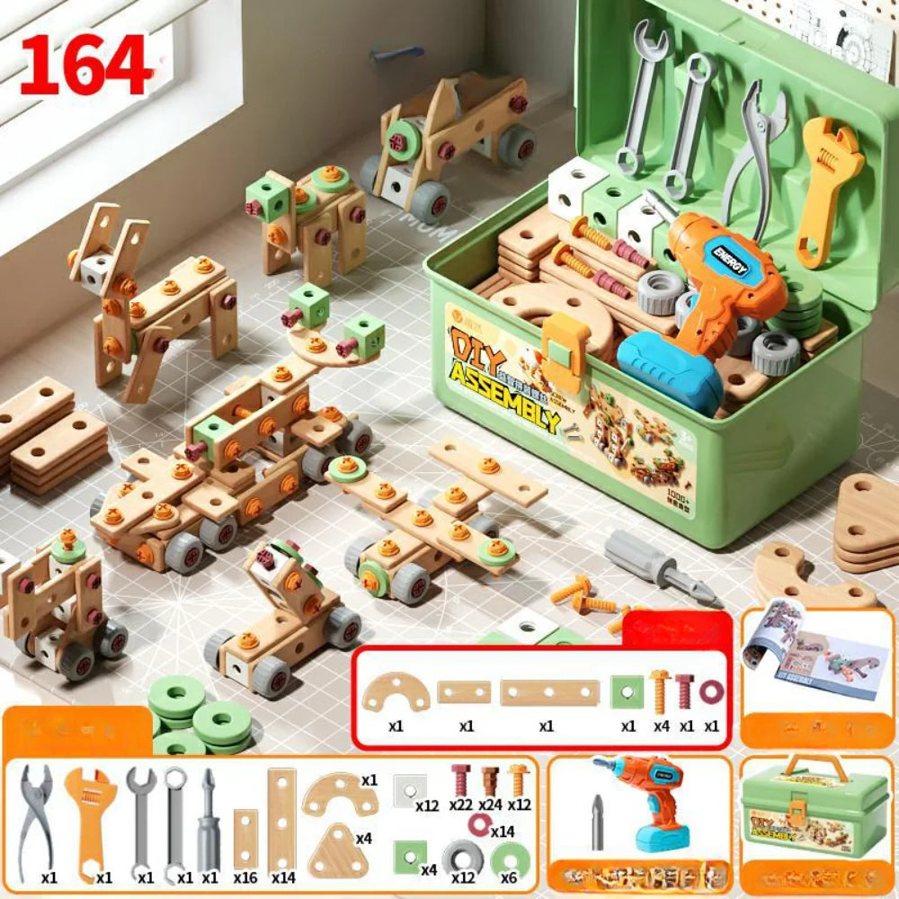 Kids Wooden Tool Set Natural Wood & Battery-Powered Screwdriver