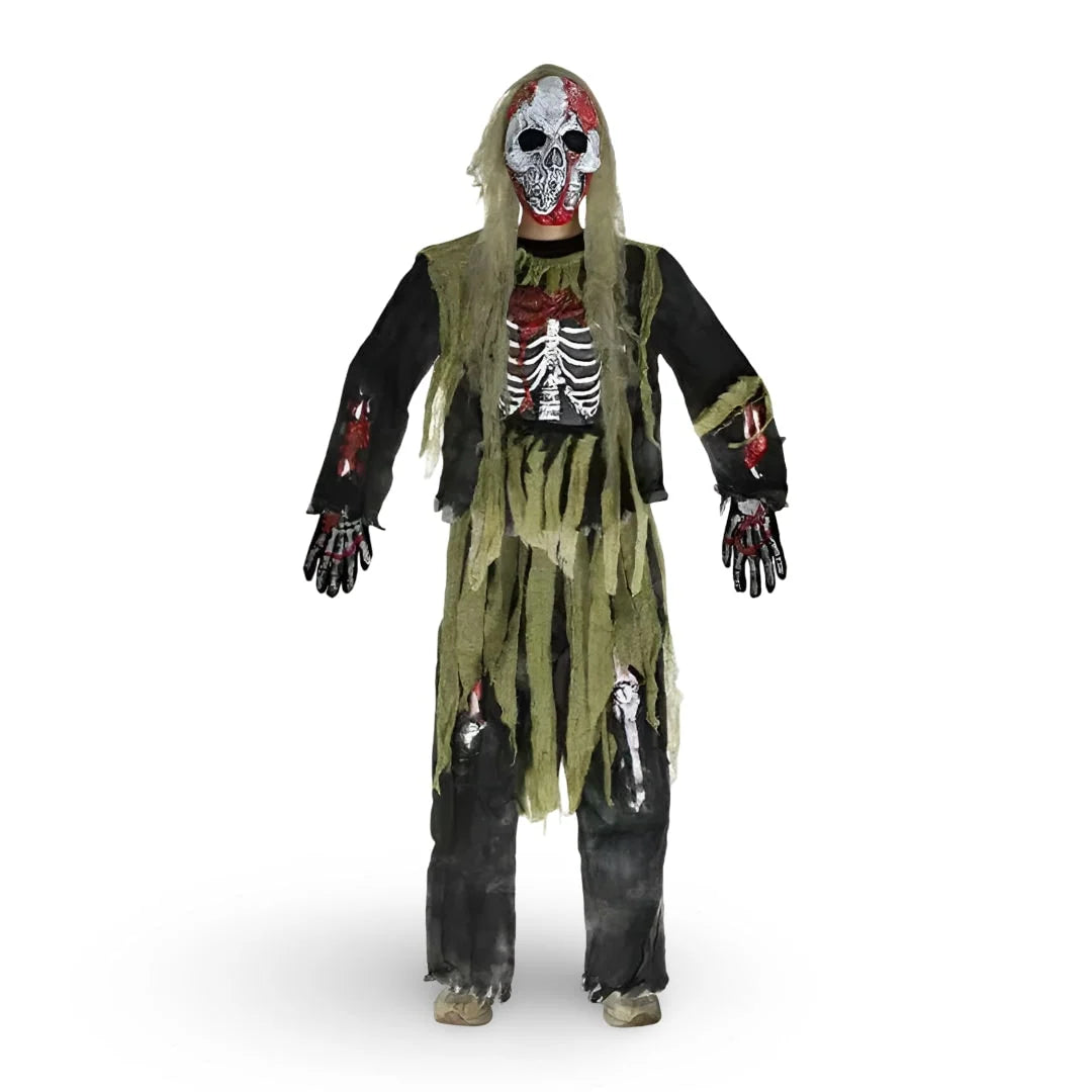 Kids Zombie Costume Jumpsuit Skull Mask & Gloves