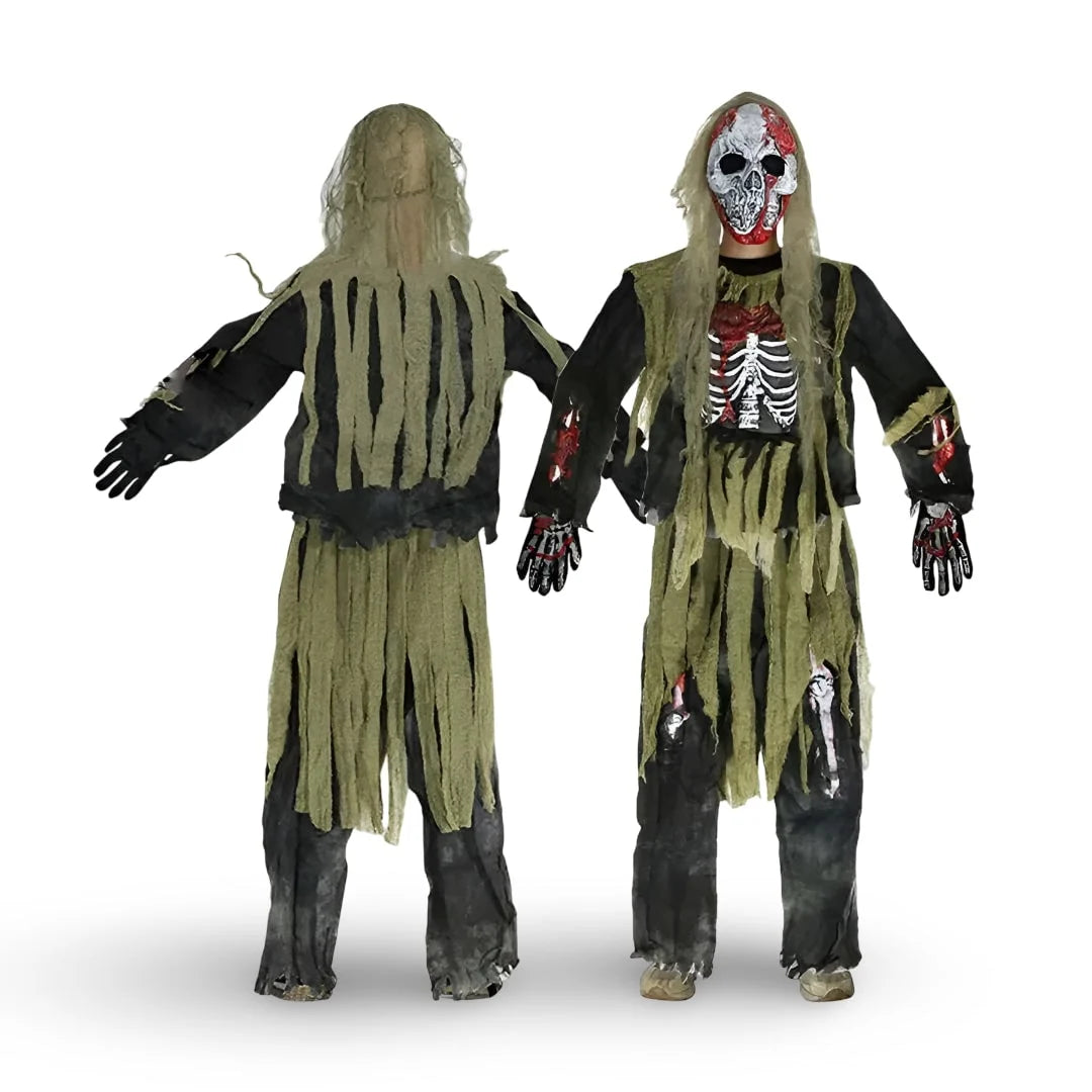 Kids Zombie Costume Jumpsuit Skull Mask & Gloves