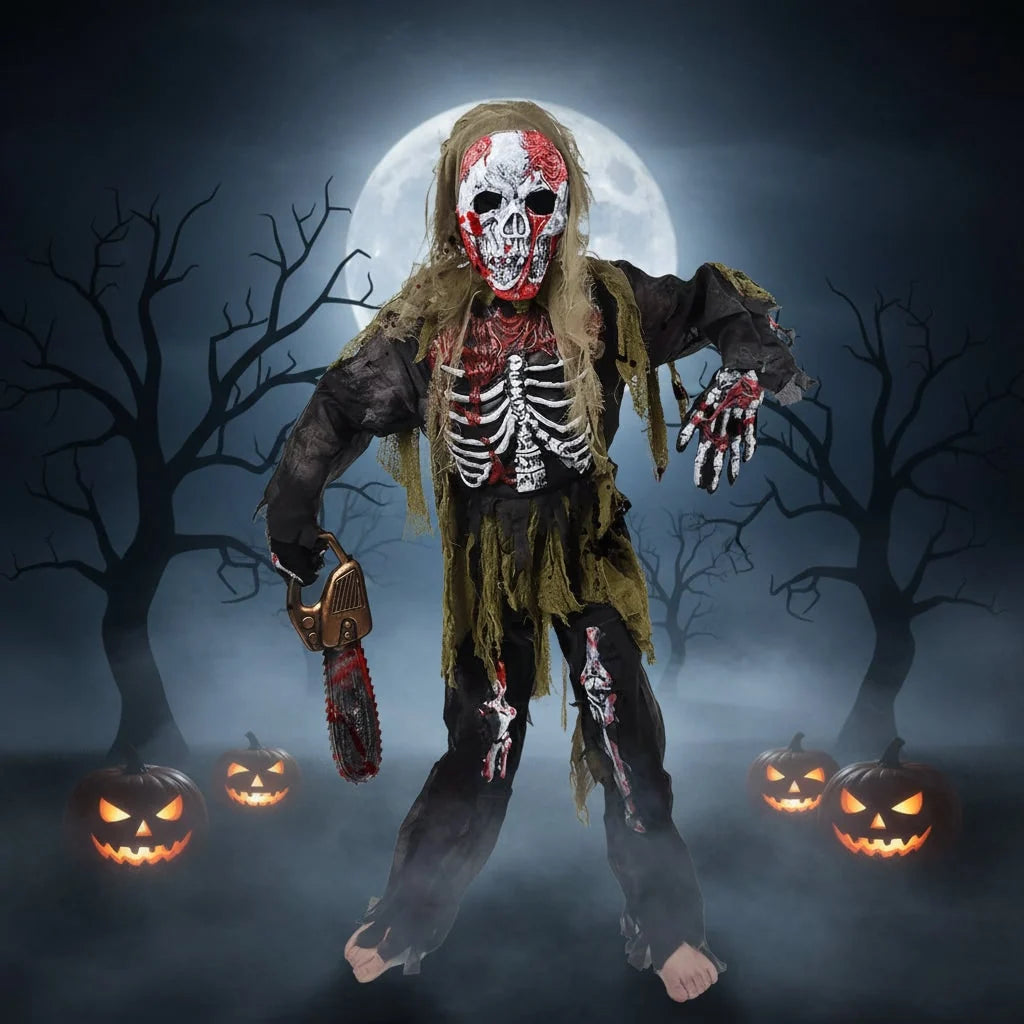Kids Zombie Costume Molded Skull Mask & Skeleton Gloves
