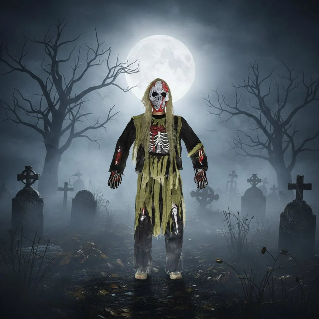Kids Zombie Costume Molded Skull Mask & Skeleton Gloves