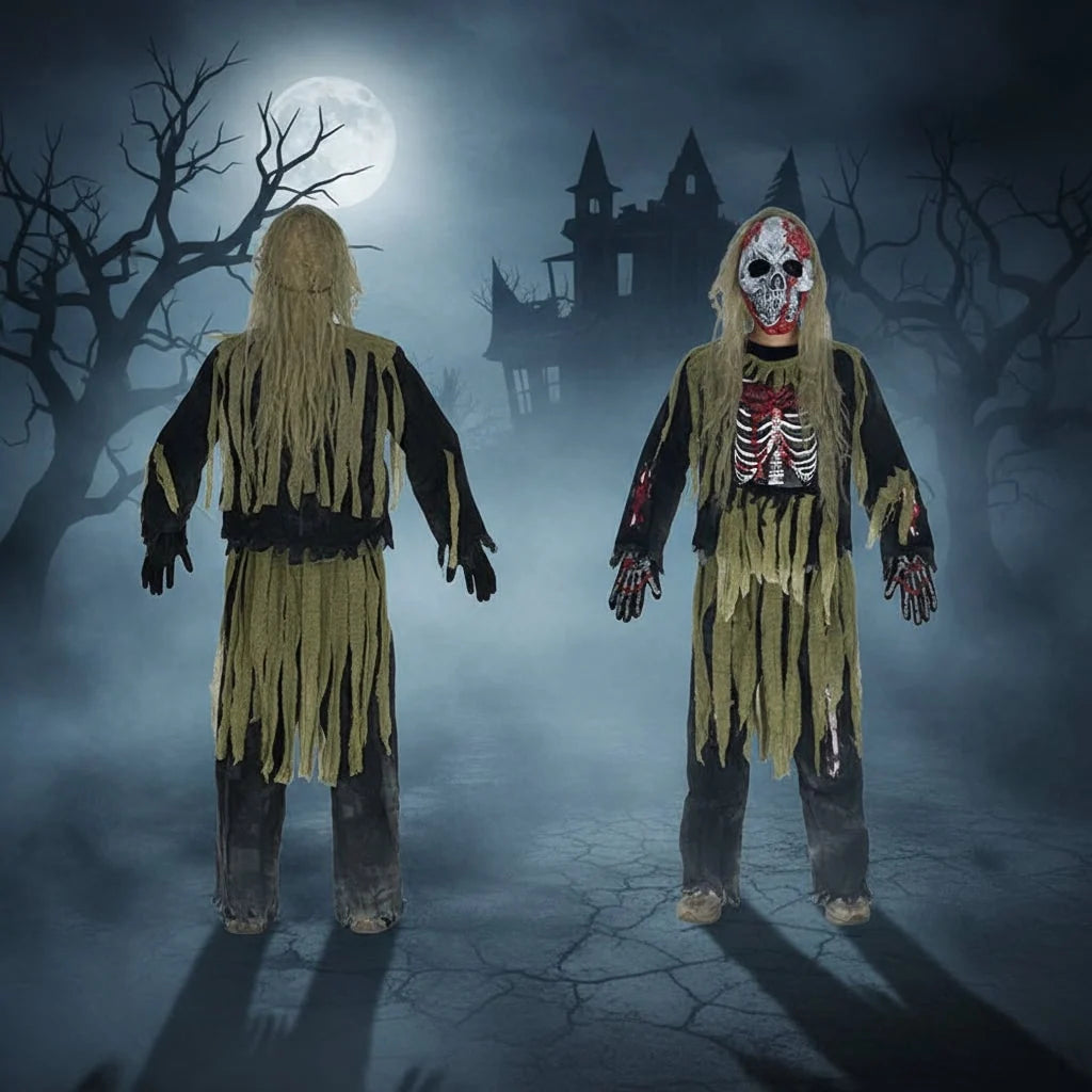 Kids Zombie Costume Molded Skull Mask & Skeleton Gloves