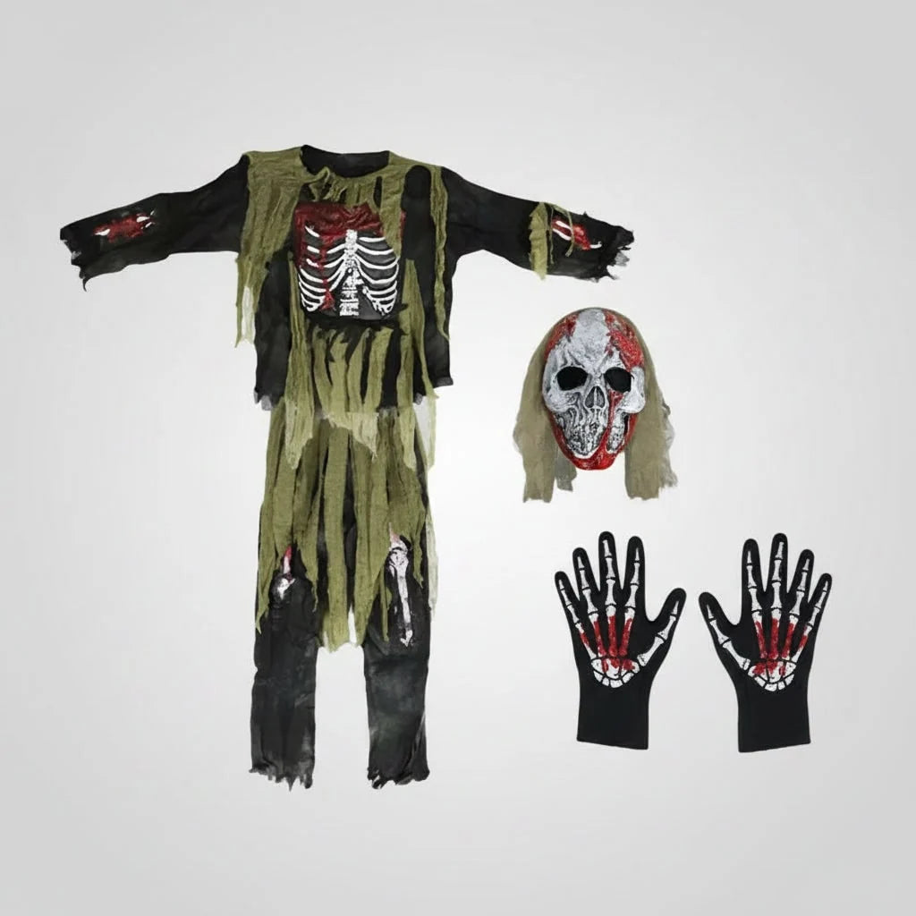 Kids Zombie Costume Molded Skull Mask & Skeleton Gloves