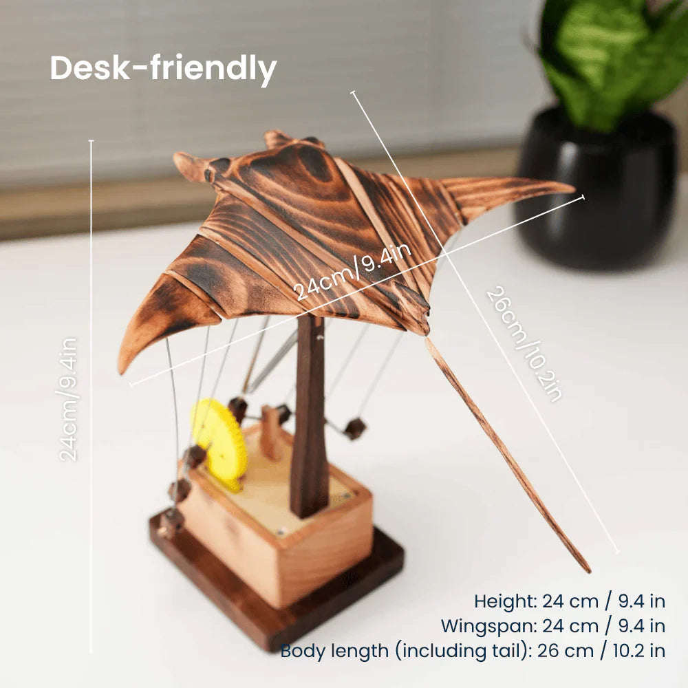 Kinetic Sculpture Manta Ray Hand-Cranked Handcrafted Wood