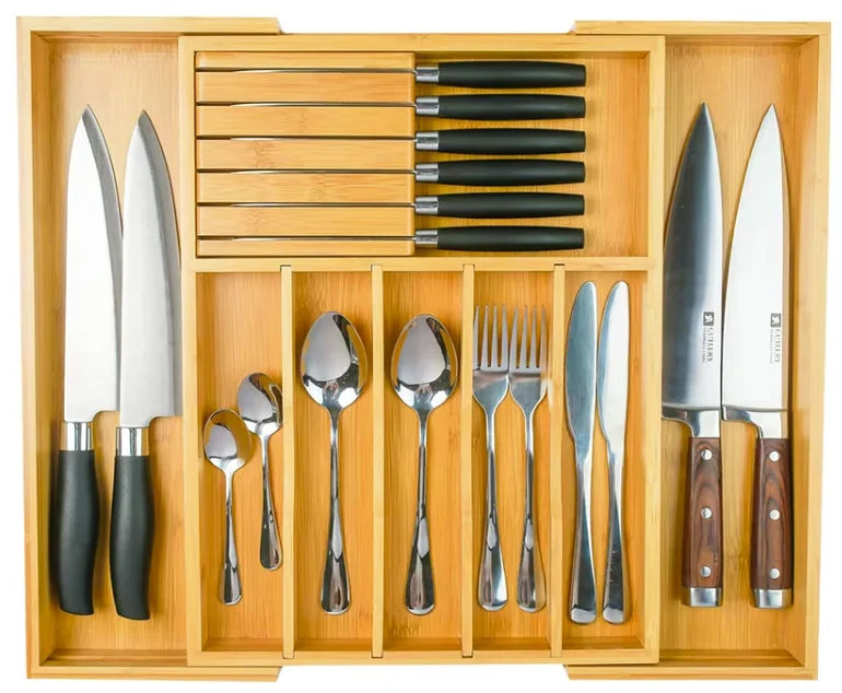 Kitchen Drawer Organizer Bamboo Adjustable Compartments