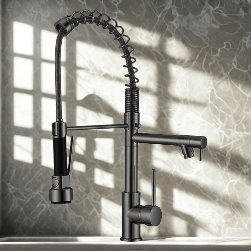 Kitchen Faucet Double Spout Brass Black-Gold