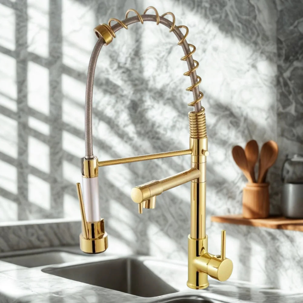 Kitchen Faucet Double Spout Brass Black-Gold