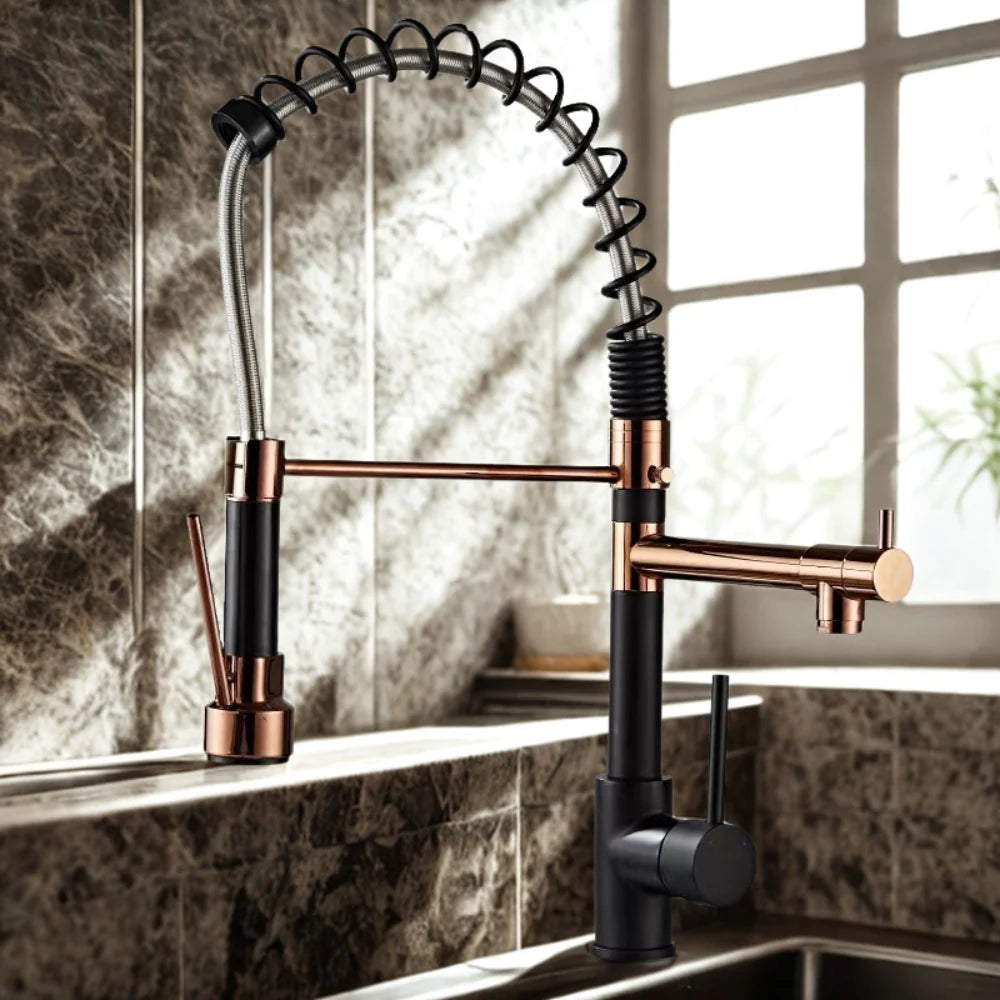 Kitchen Faucet Double Spout Brass Black-Gold
