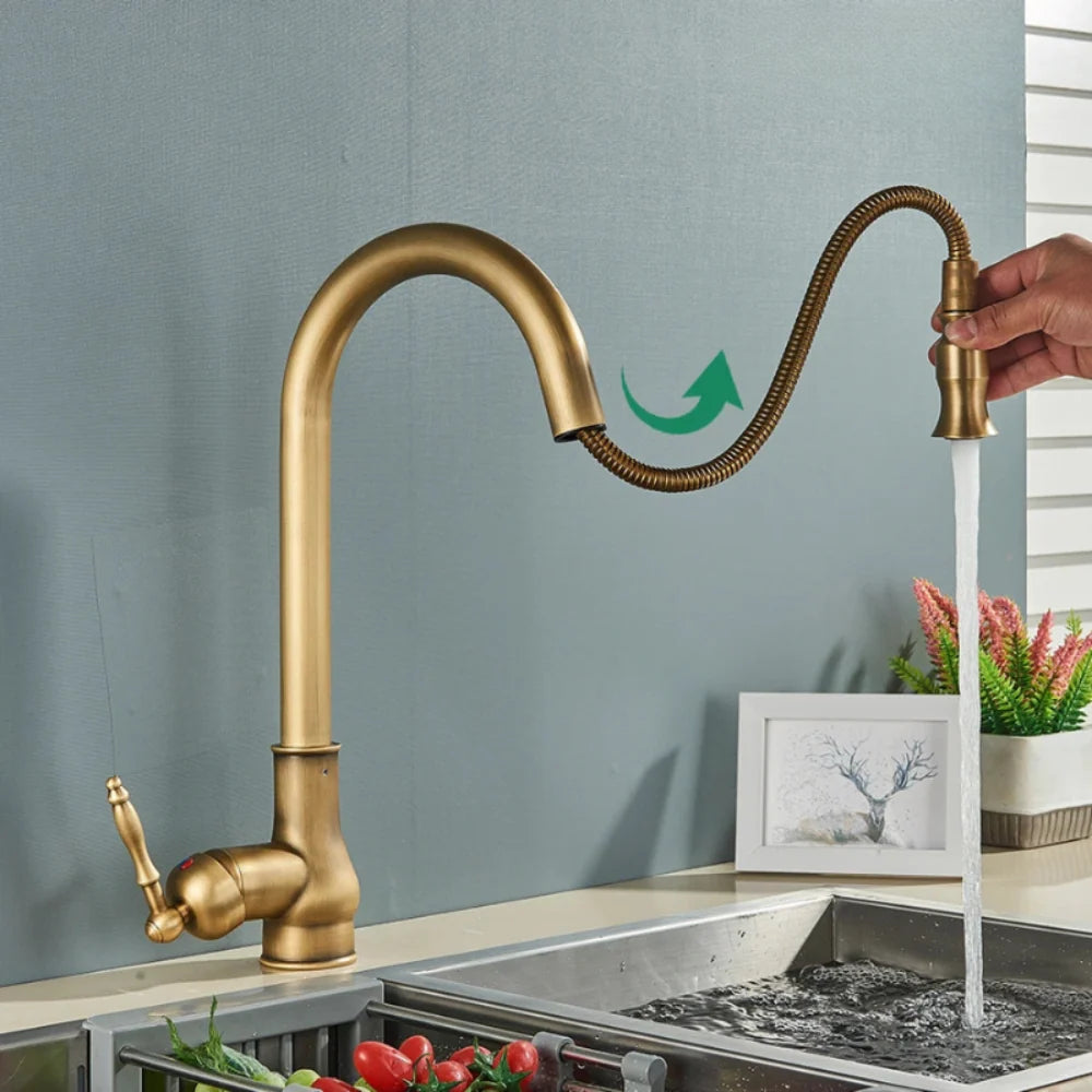 Kitchen Faucet Swivel Spout Single-Handle Antique Brass