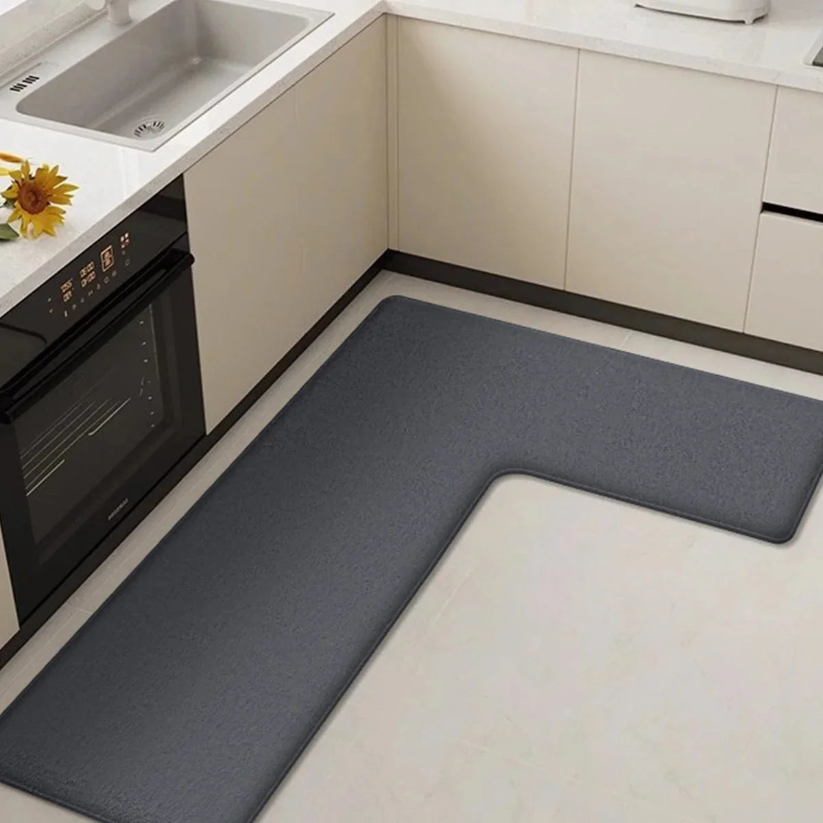 Kitchen Mat L-Shaped Anti-Fatigue Flannel Top & Non-Slip Base