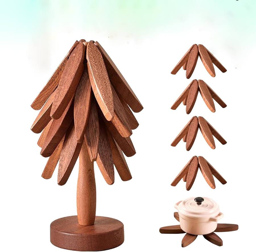 Kitchen Trivet Solid Wood Foldable Tree-Shaped 7.8 Inch