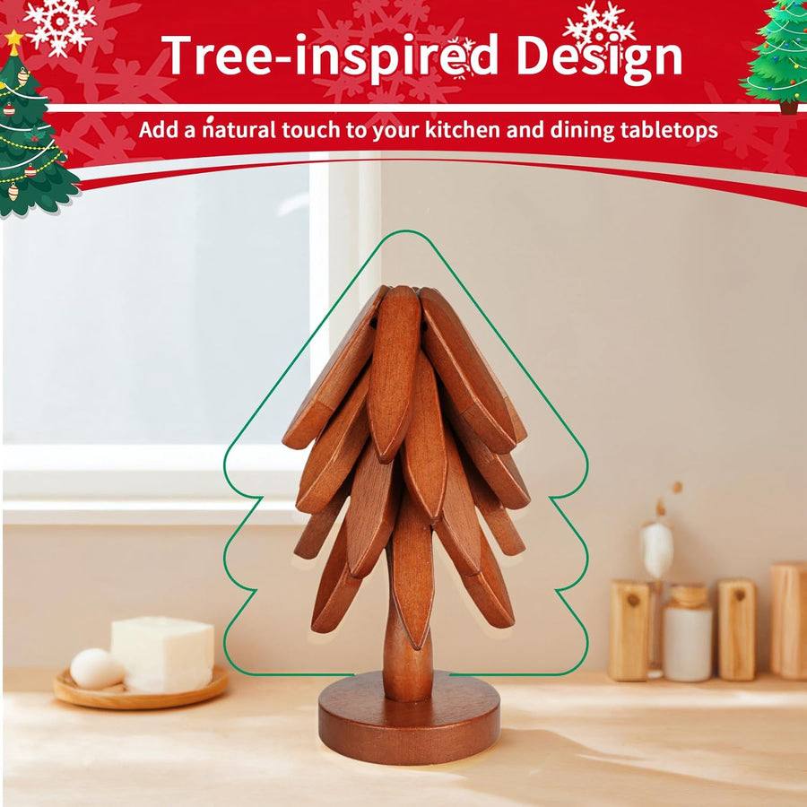 Kitchen Trivet Solid Wood Foldable Tree-Shaped 7.8 Inch